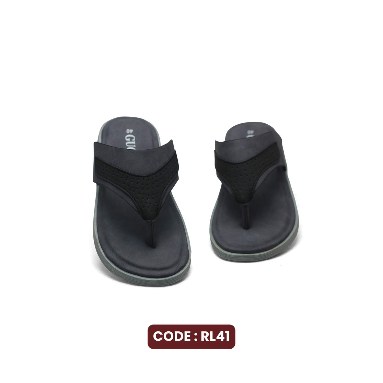 Black sandals on a white background with 'CODE: RL41' label.
