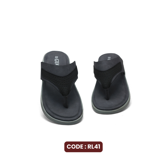 Black sandals on a white background with 'CODE: RL41' label.